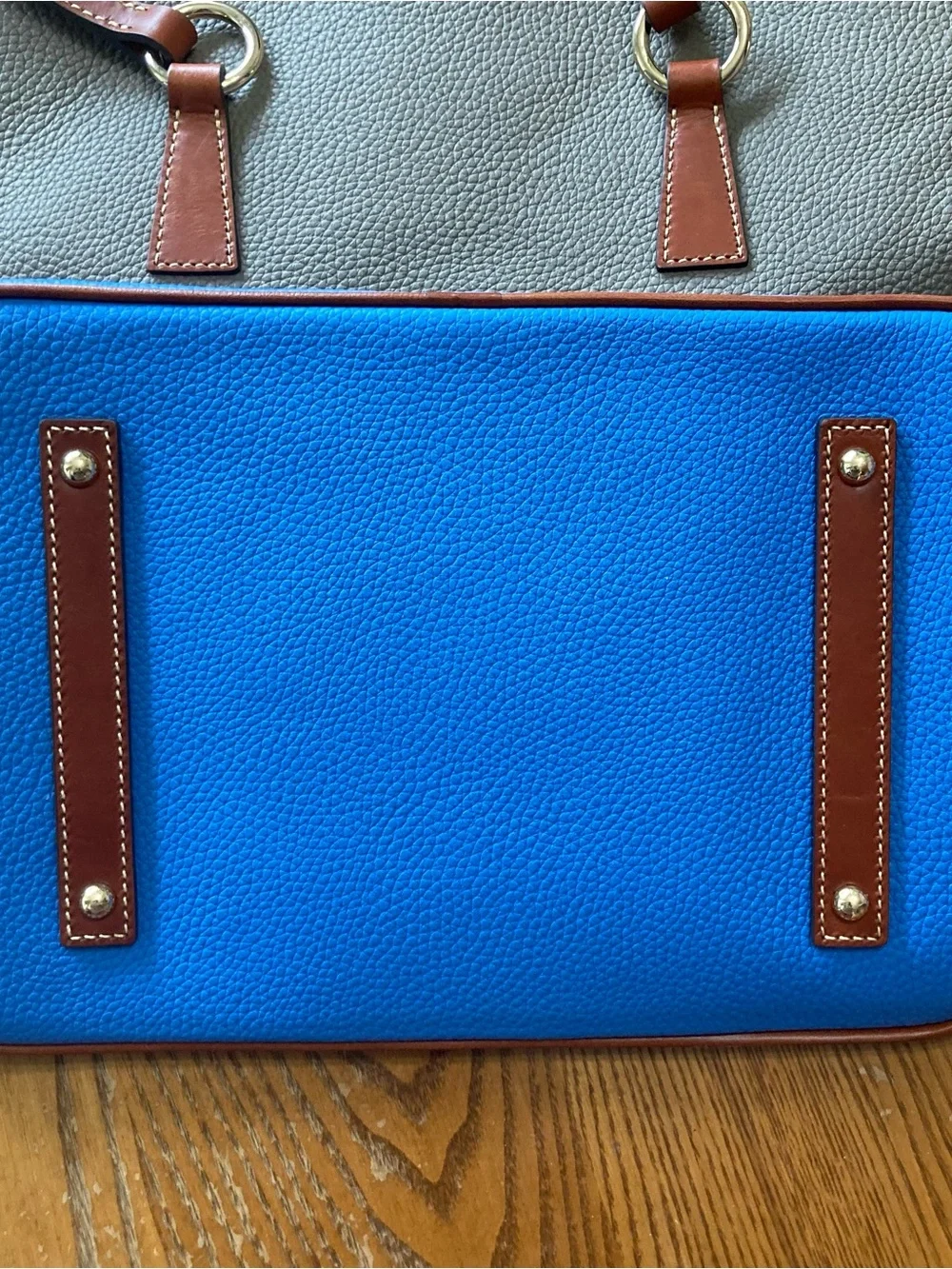 Dooney & Bourke Gray and Bright Blue Pebble Leather Tote with Brown Handles - Picture 10 of 10